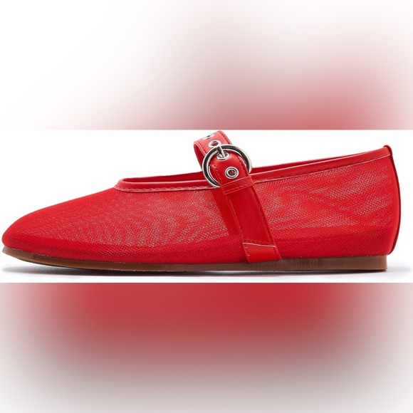 Womens Flat Red Mesh Ballet Slip On Mary Jane Casual Ballerina Shoes 7 Wedding - Picture 2 of 5